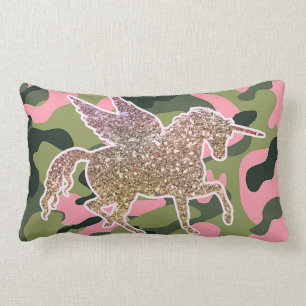 Pink Green Camo Camouflage & Gold Glitter Unicorn Lumbar Cushion