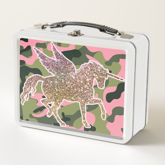 Pink Green Camo Camouflage & Gold Glitter Unicorn Metal Lunch Box (Front)