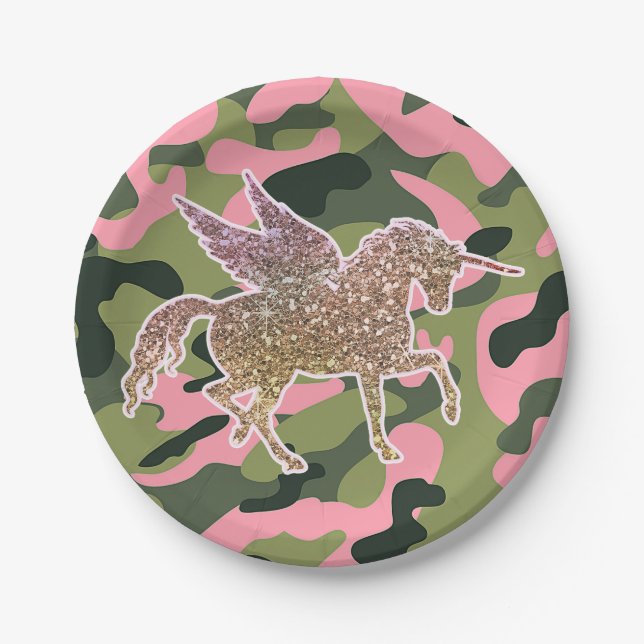 Pink Green Camo Camouflage & Gold Glitter Unicorn Paper Plate (Front)