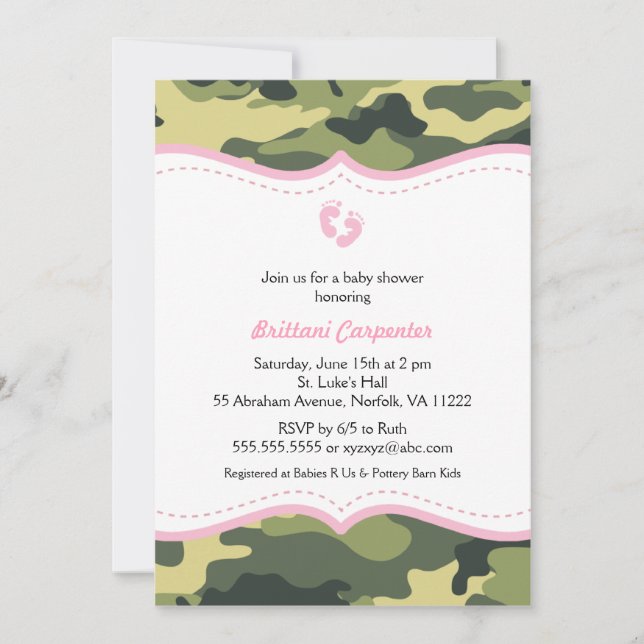 Pink & Green Camo Girl Baby Shower Invitation feet (Front)
