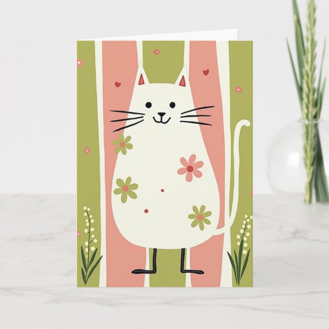 Pink Green Cat Birthday Card (Front)