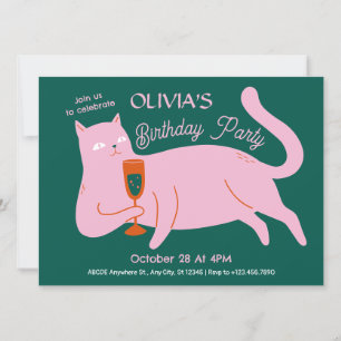 Pink green cat funny birthday invitation