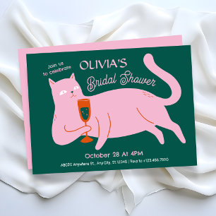 Pink green cat funny bridal shower invitation