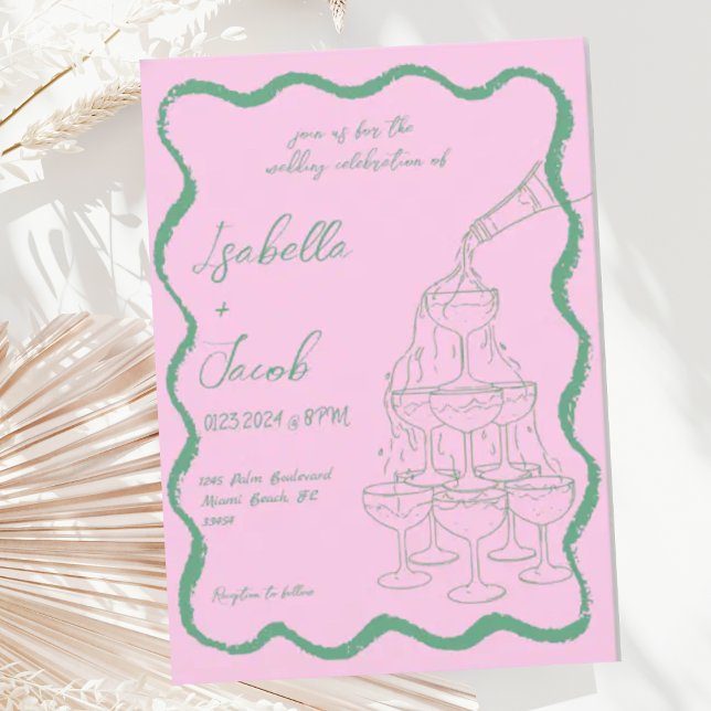 Pink Green Champagne Tower Wavy Retro Wedding Invitation (Creator Uploaded)