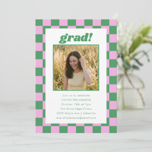 Pink Green Checker Photo Grad Graduation Party Invitation