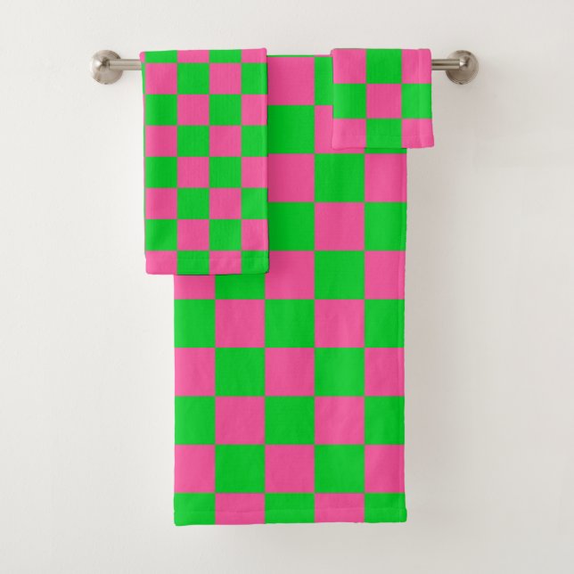 Pink Green Chequered Check Pattern Bath Towel Set (Insitu)