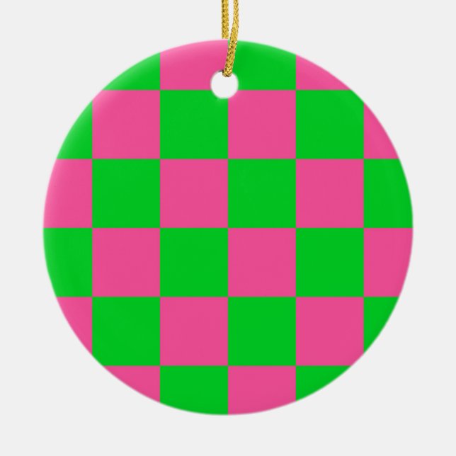 Pink Green Chequered Check Pattern Ceramic Tree Decoration (Front)