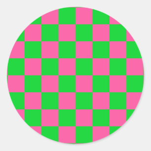 Pink Green Chequered Check Pattern Classic Round Sticker