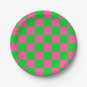 Pink Green Chequered Check Pattern Paper Plate