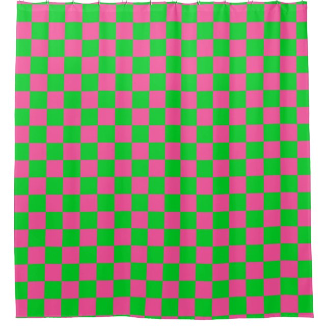 Pink Green Chequered Check Pattern Shower Curtain (Front)