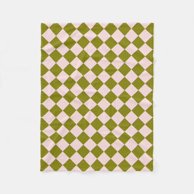 Pink Green Chequered Diamond Pattern Fleece Blanket (Front)