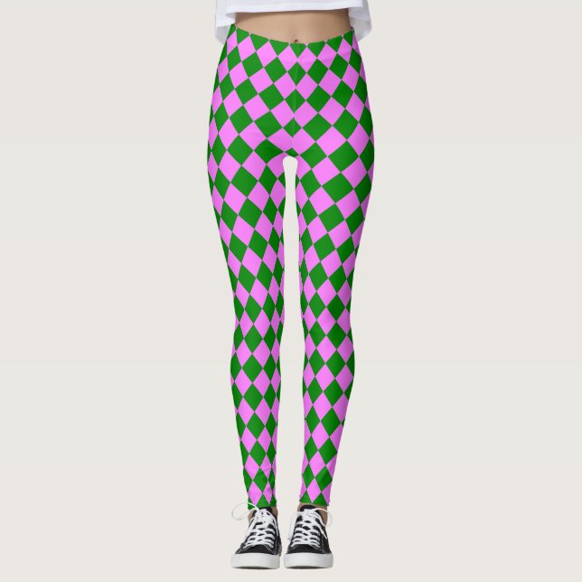 Pink Green Chequered Diamond Pattern Leggings (Front)
