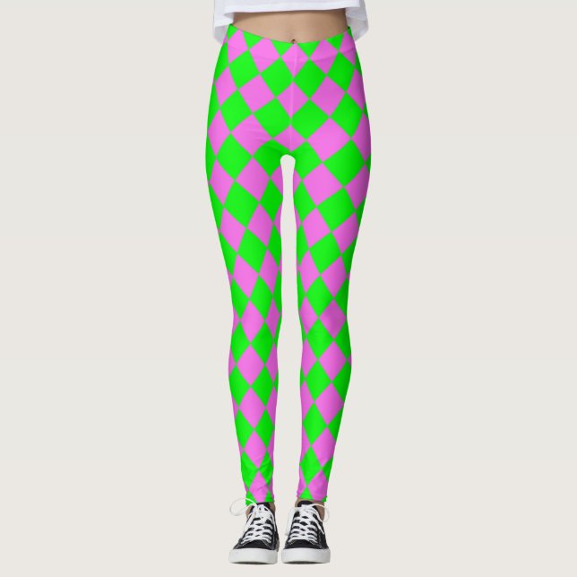 Pink Green Chequered Diamond Pattern  Leggings (Front)