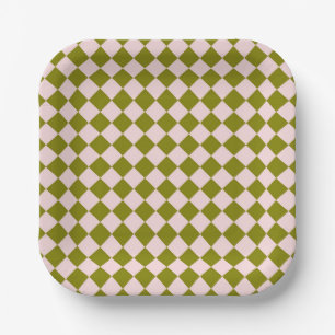 Pink Green Chequered Diamond Pattern Paper Plate