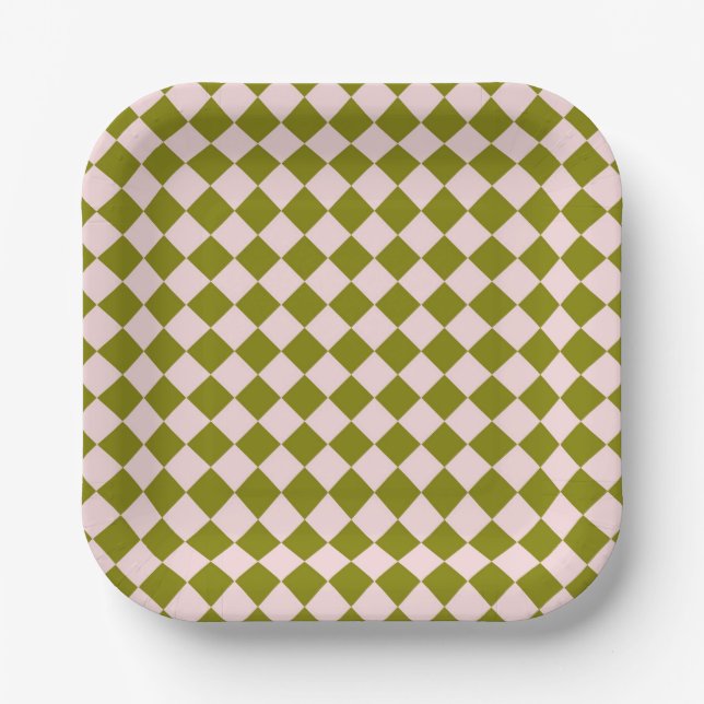 Pink Green Chequered Diamond Pattern Paper Plate (Front)