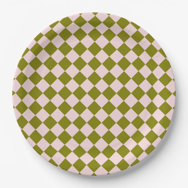 Pink Green Chequered Diamond Pattern Paper Plate (Front)