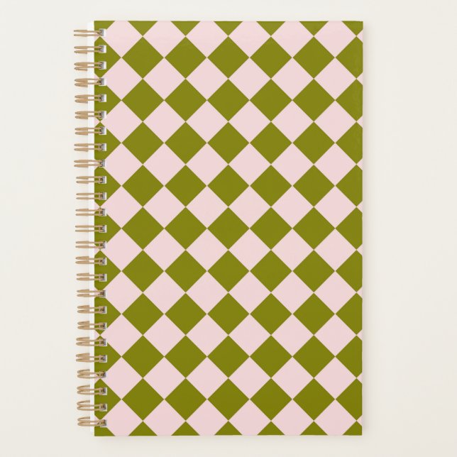 Pink Green Chequered Diamond Pattern  Planner (Front)