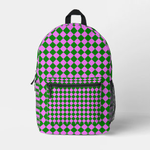 Pink Green Chequered Diamond Pattern Printed Backpack