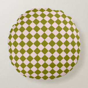 Pink Green Chequered Diamond Pattern Round Cushion