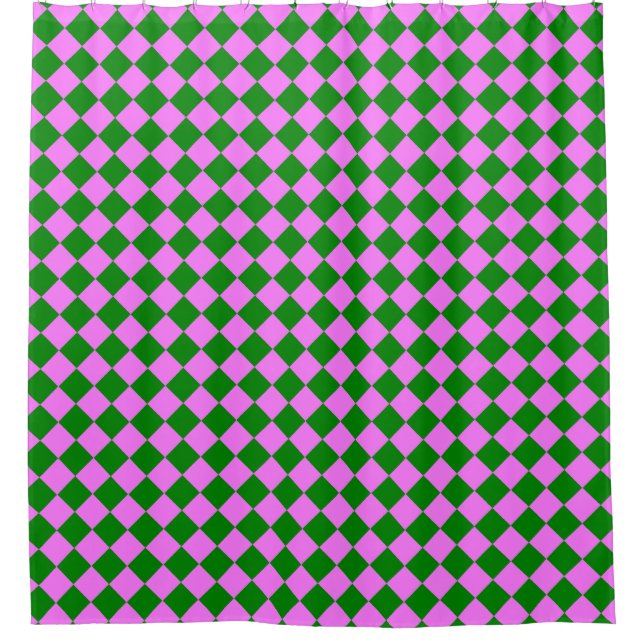 Pink Green Chequered Diamond Pattern Shower Curtain (Front)