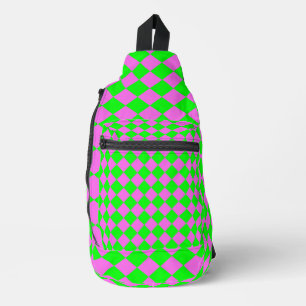 Pink Green Chequered Diamond Pattern Sling Bag
