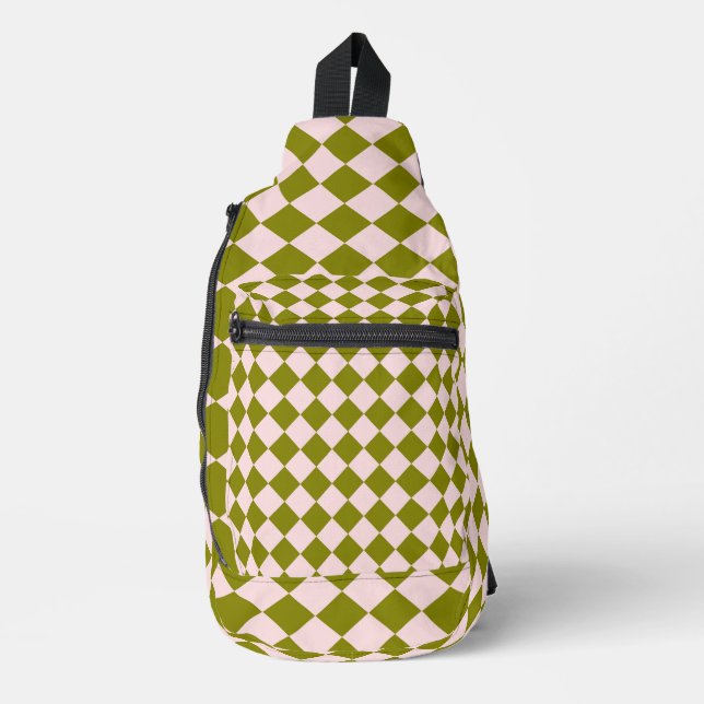 Pink Green Chequered Diamond Pattern Sling Bag (Front)