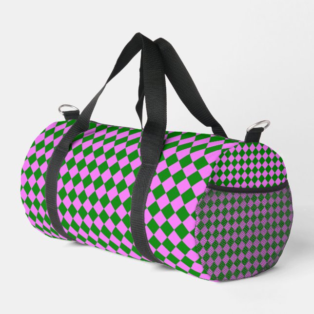 Pink Green Chequered Diamond Pattern Small Duffle Bag (Right Corner)