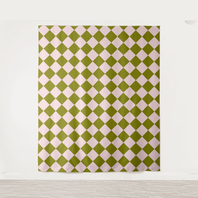 Pink Green Chequered Diamond Pattern  Tapestry (Front)