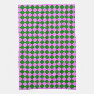 Pink Green Chequered Diamond Pattern Tea Towel