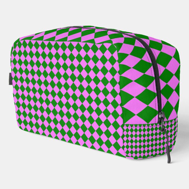 Pink Green Chequered Diamond Pattern Toiletry Bag (Right Corner)