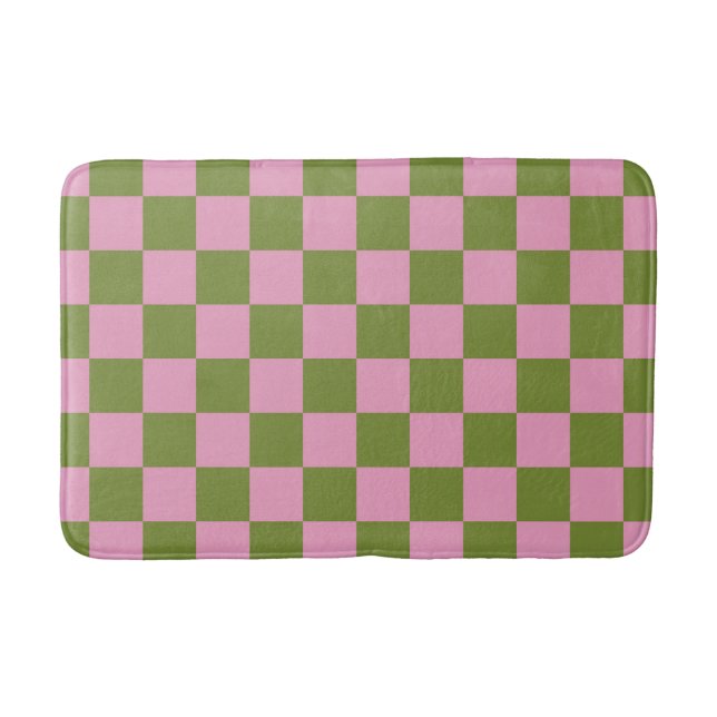 Pink Green Chequered Gingham Pattern Bath Mat (Front)