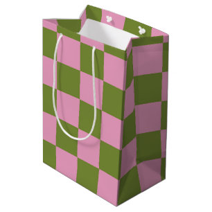 Pink Green Chequered Gingham Pattern Medium Gift Bag