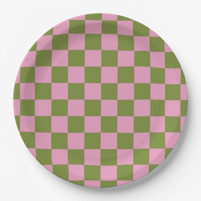 Pink Green Chequered Gingham Pattern Paper Plate (Front)