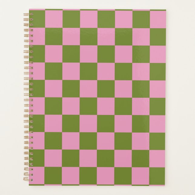 Pink Green Chequered Gingham Pattern Planner (Front)