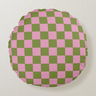 Pink Green Chequered Gingham Pattern Round Cushion