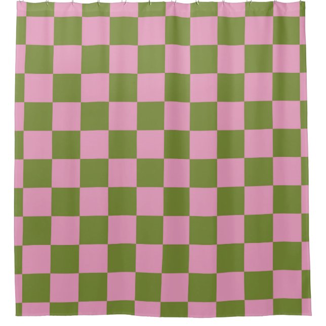 Pink Green Chequered Gingham Pattern Shower Curtain (Front)