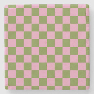 Pink Green Chequered Gingham Pattern Stone Coaster