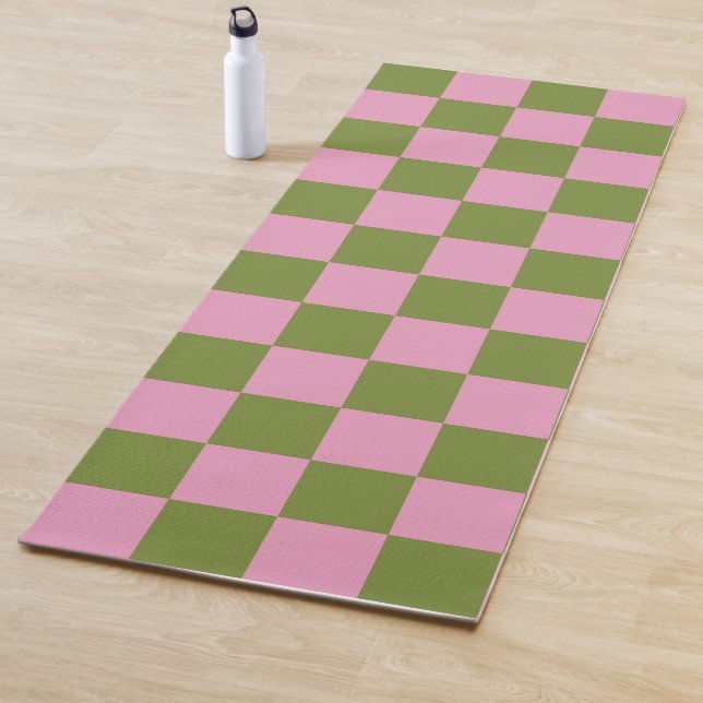 Pink Green Chequered Gingham Pattern Yoga Mat (In Situ)
