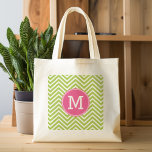 Pink & Green Chevron Pattern with Monogram Tote Bag<br><div class="desc">A colorful design with an area for monograms. If you need to adjust the artwork or change the font,  you can click on the customize area. This will take you to the design tool where you can make many changes.</div>