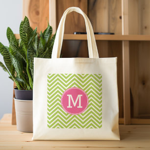 Pink & Green Chevron Pattern with Monogram Tote Bag