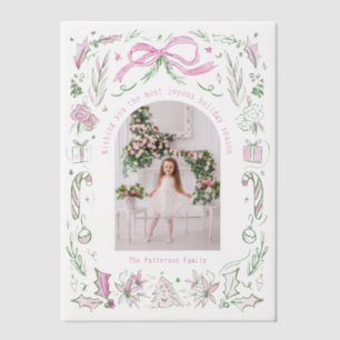 Pink Green Christmas Bow Doodle Family Frame Vellum Invitations