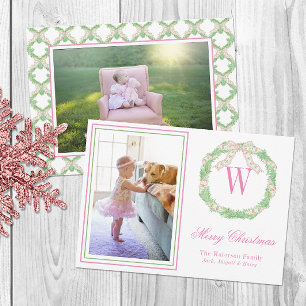 Pink & Green Christmas Bow Wreath Monogram Photo Holiday Card