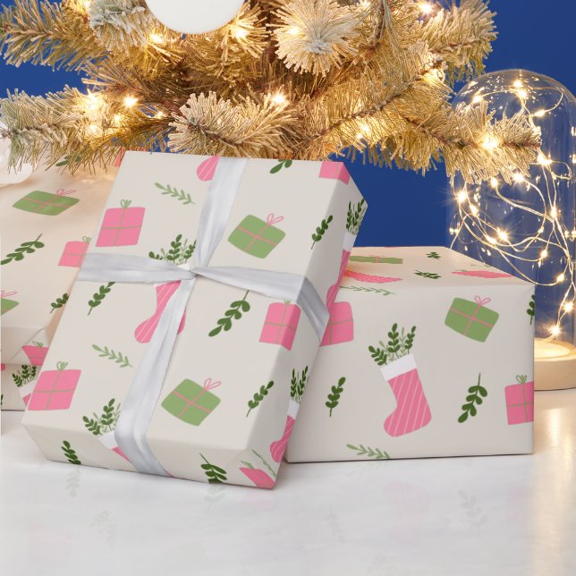 Pink Green Christmas Gift Stocking Pattern Cream Wrapping Paper (Holidays)