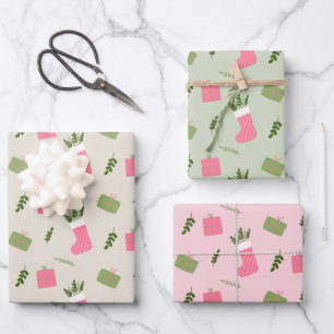 Pink Green Christmas Gift Stocking Pattern Multi Wrapping Paper Sheet