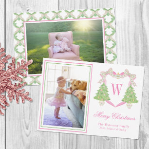 Pink & Green Christmas Tree Monogram Crest Photo Holiday Card