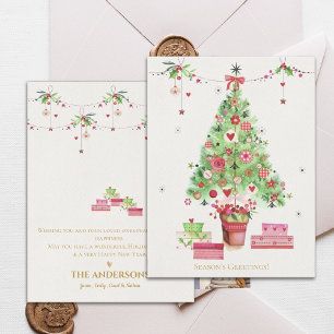 Pink Green Christmas Tree Seasons Greetings Postcard