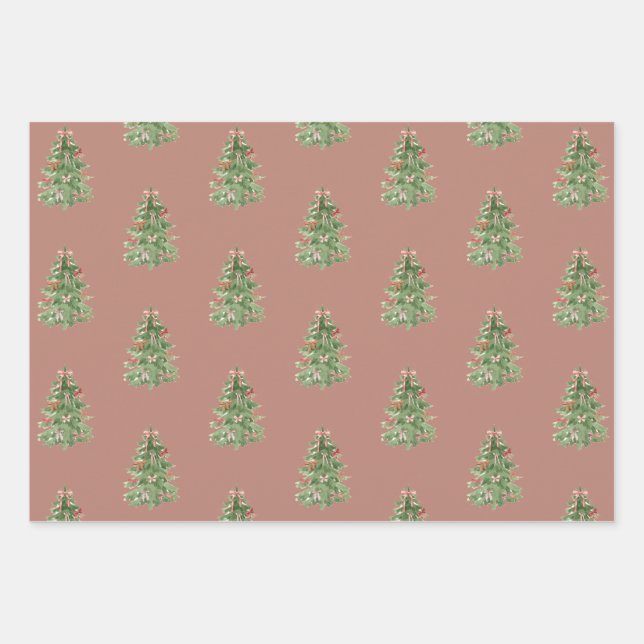 Pink Green Christmas Trees Bow Gift Wrapping Paper (Front)