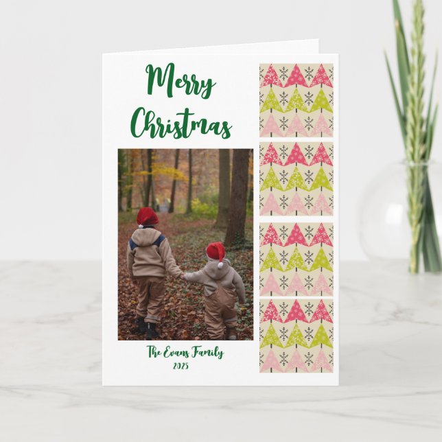 Pink & green Christmas trees. Card (Front)