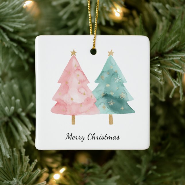 Pink Green Christmas Trees Ceramic Ornament (Tree)