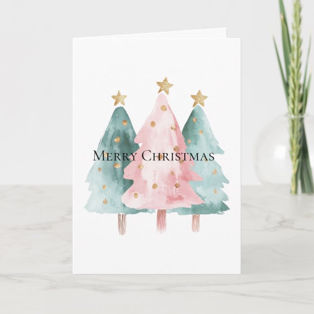 Pink Green Christmas Trees Gold Stars Card (Front)